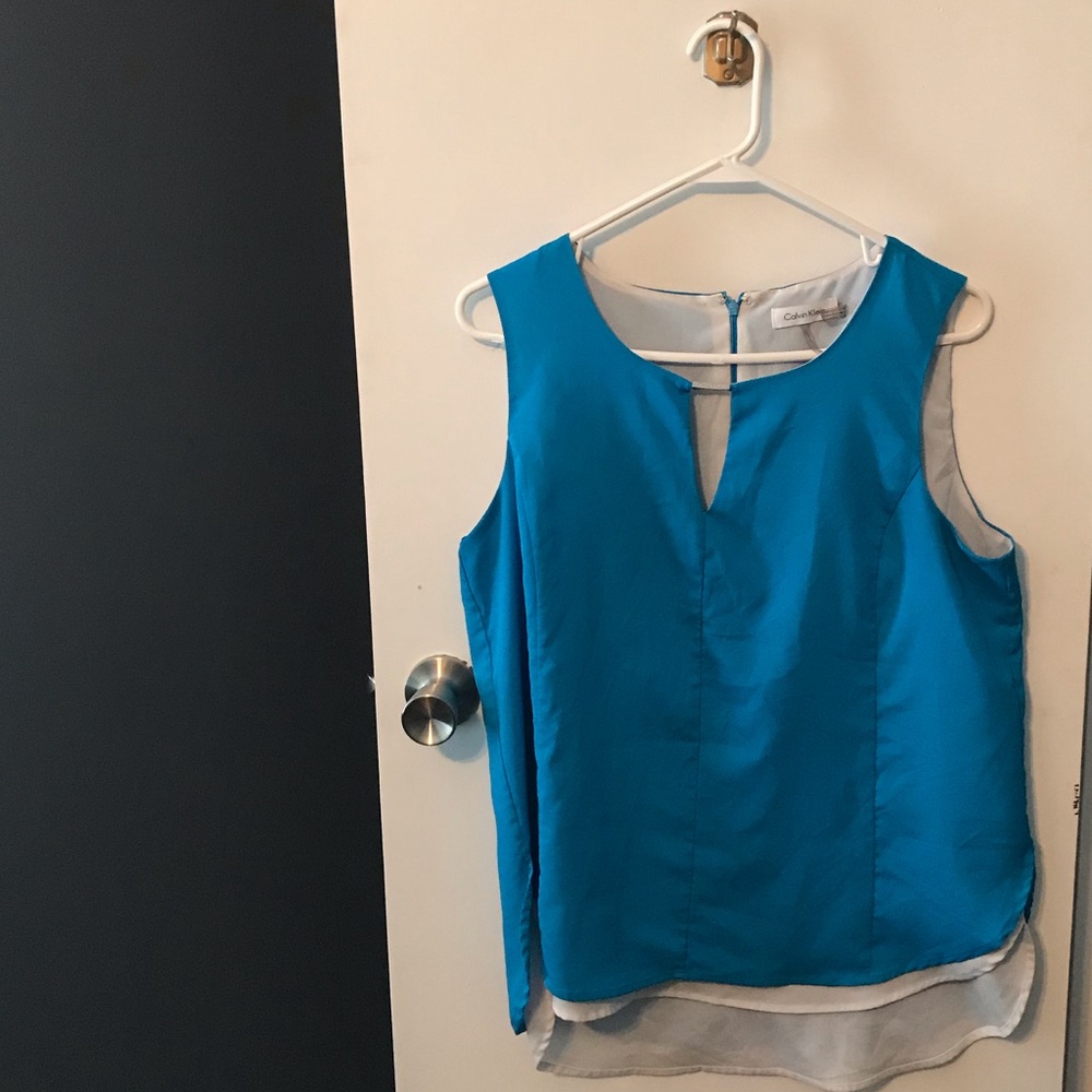 Calvin Klein Blue and White sleeveless blouse. EUC